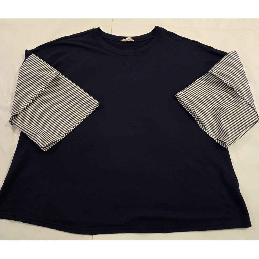 COMO BLU Women's Navy Blue Knit Casual Top w/Striped Layered 1/2 Sleeves Size 1X
